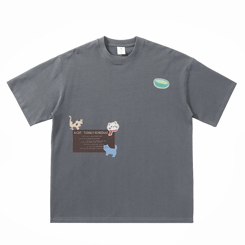 Cartoon kitten print pure cotton short sleeved shirt
