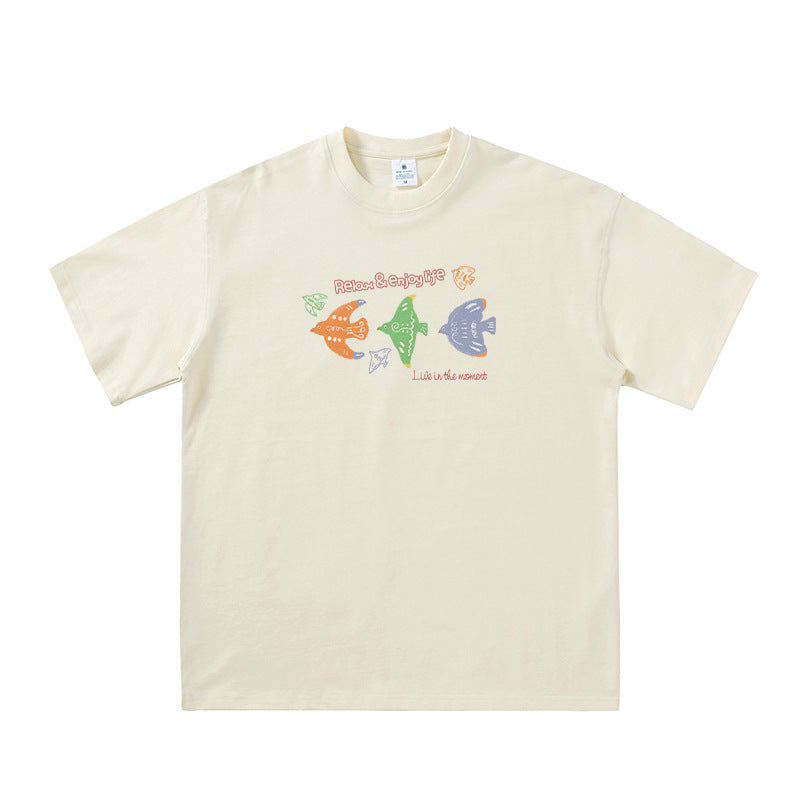 Cartoon carrier pigeon bird print pure cotton short sleeved shirt
