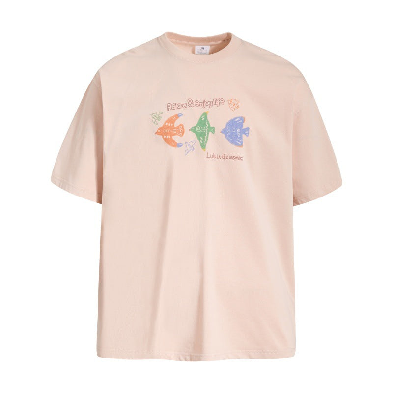 Cartoon carrier pigeon bird print pure cotton short sleeved shirt