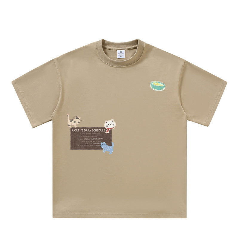 Cartoon kitten print pure cotton short sleeved shirt