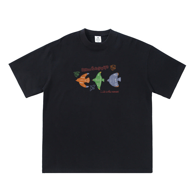 Cartoon carrier pigeon bird print pure cotton short sleeved shirt