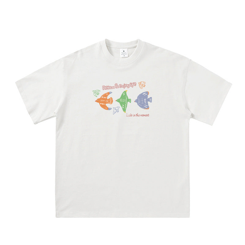 Cartoon carrier pigeon bird print pure cotton short sleeved shirt